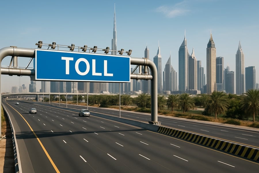 Dubai toll road with city skyline in the background