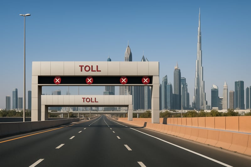 Modern toll road in Dubai with skyline in background
